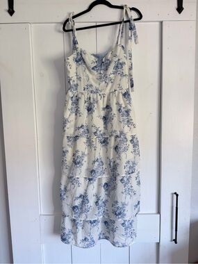 Crystal Doll White Midi Dress with Blue Floral Print